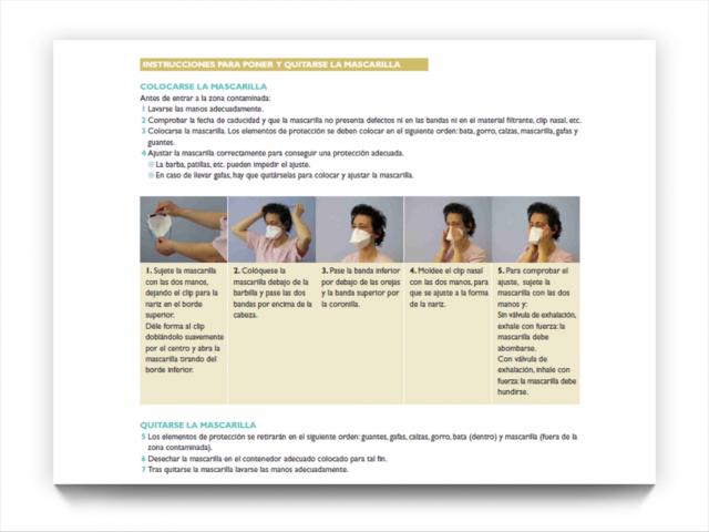 Soporte rígido impreso con instrucciones de cómo colocarse y quitarse una mascarilla.